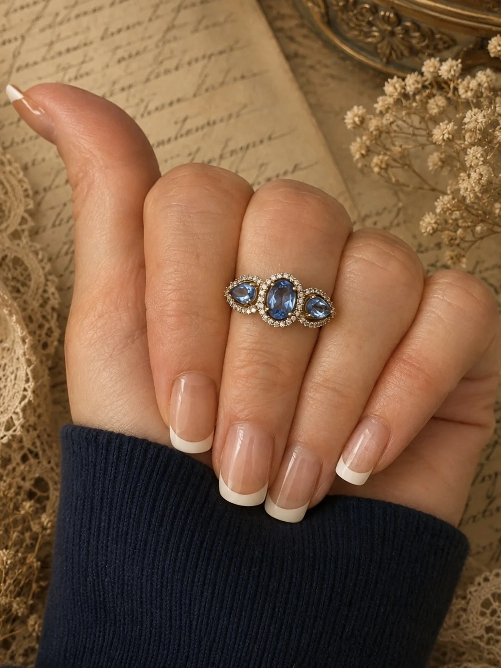 MACY’S • Vintage Style Blue Tanzanite Three-Stone Halo Crystal Ring September
